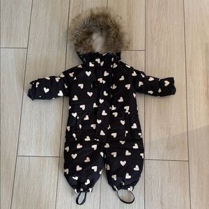 Rylee + Cru Black Heart Print Snowsuit with Fur Hood